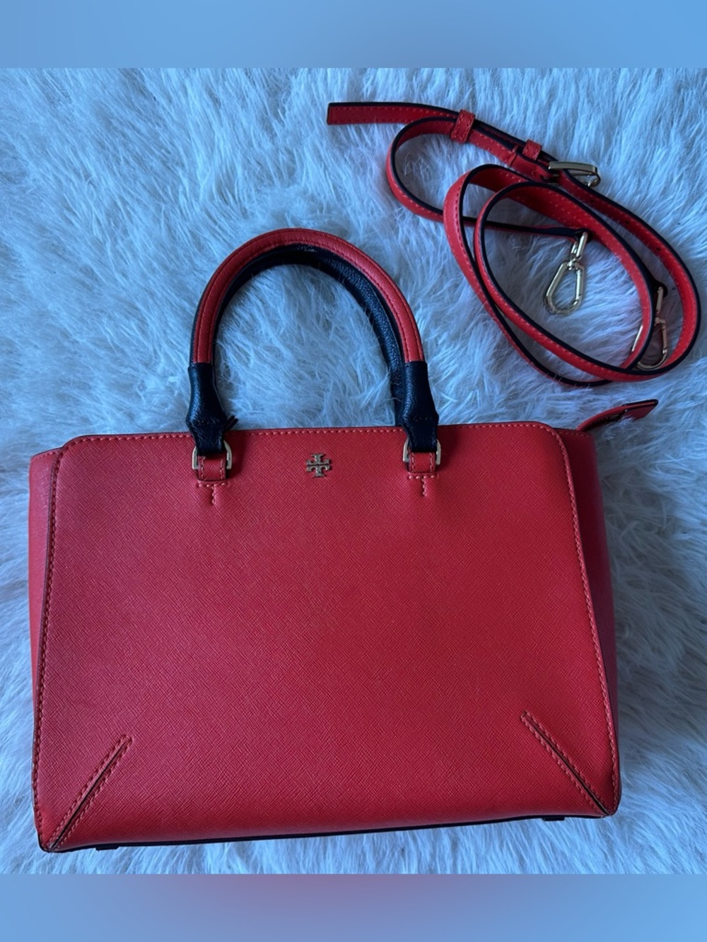 Tory Burch Red saffiano leather Satchel with Black Handles and Gold Hardware
